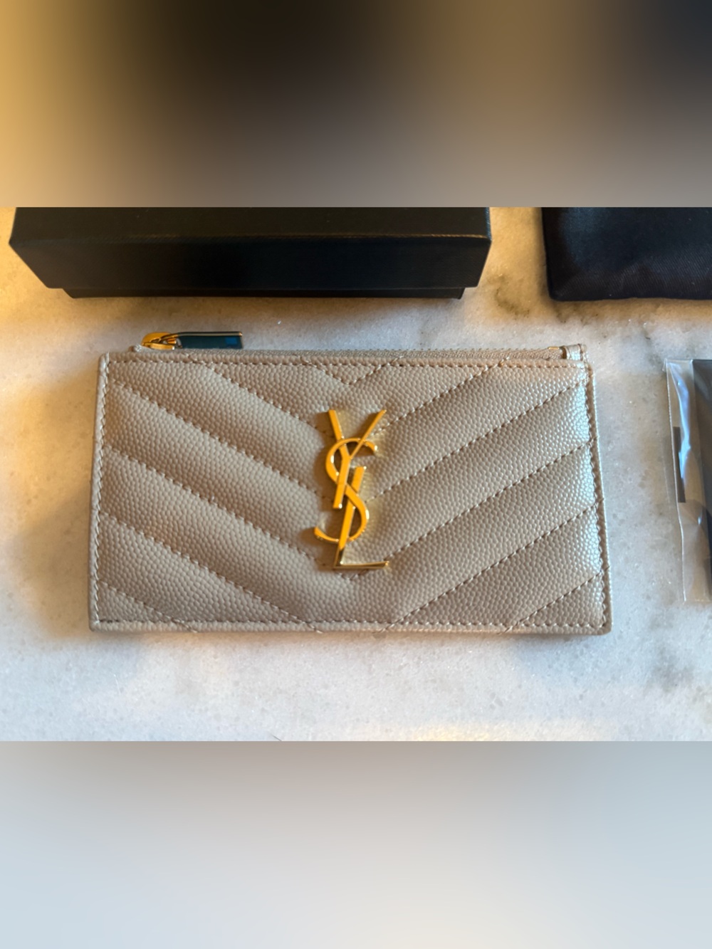 Saint Laurent taupe quilted leather card wallet with gold YSL logo